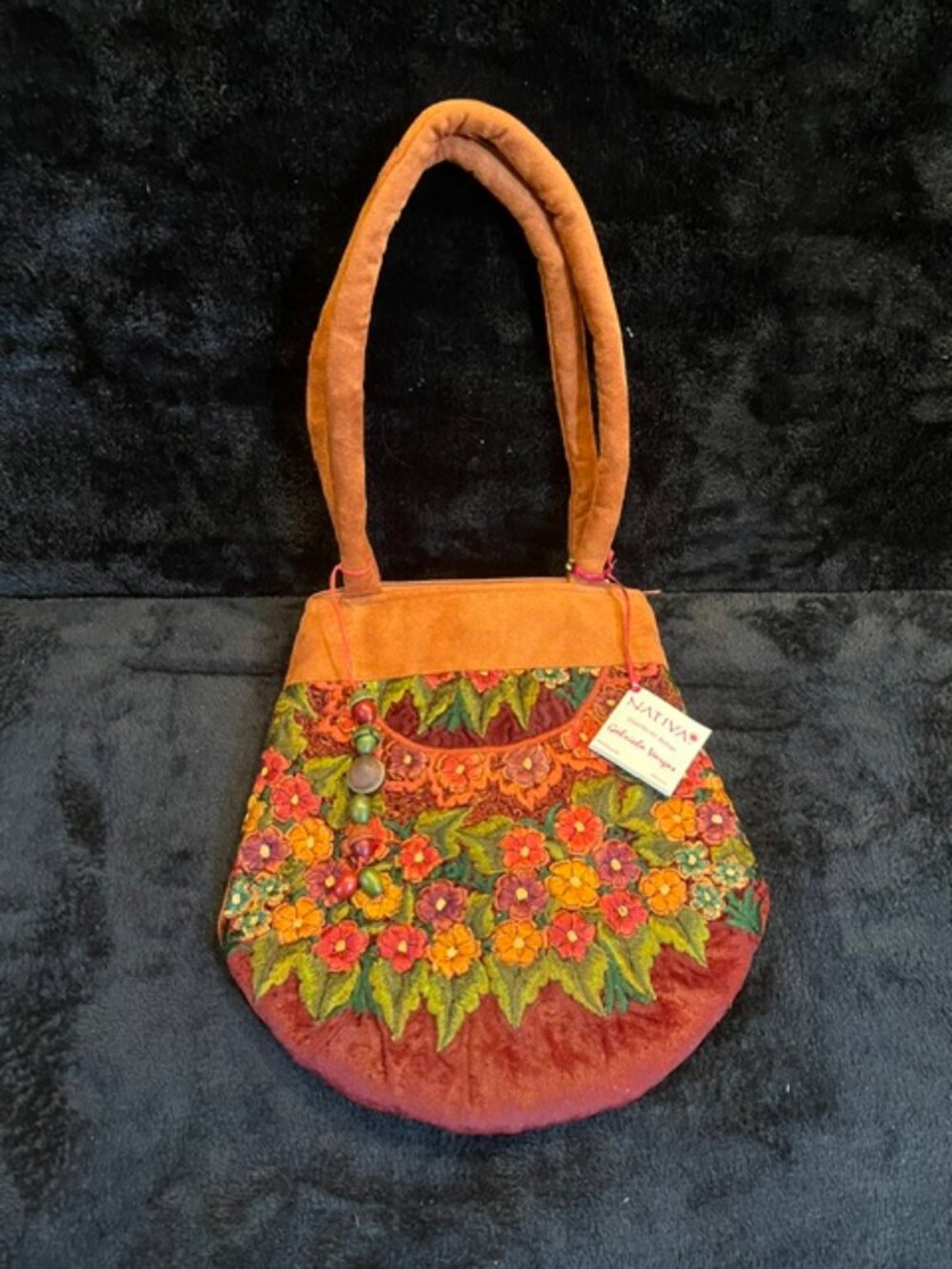 NWT Nativa Gabriela Vargas Artisan Embroidered Floral Suede Tote Bag